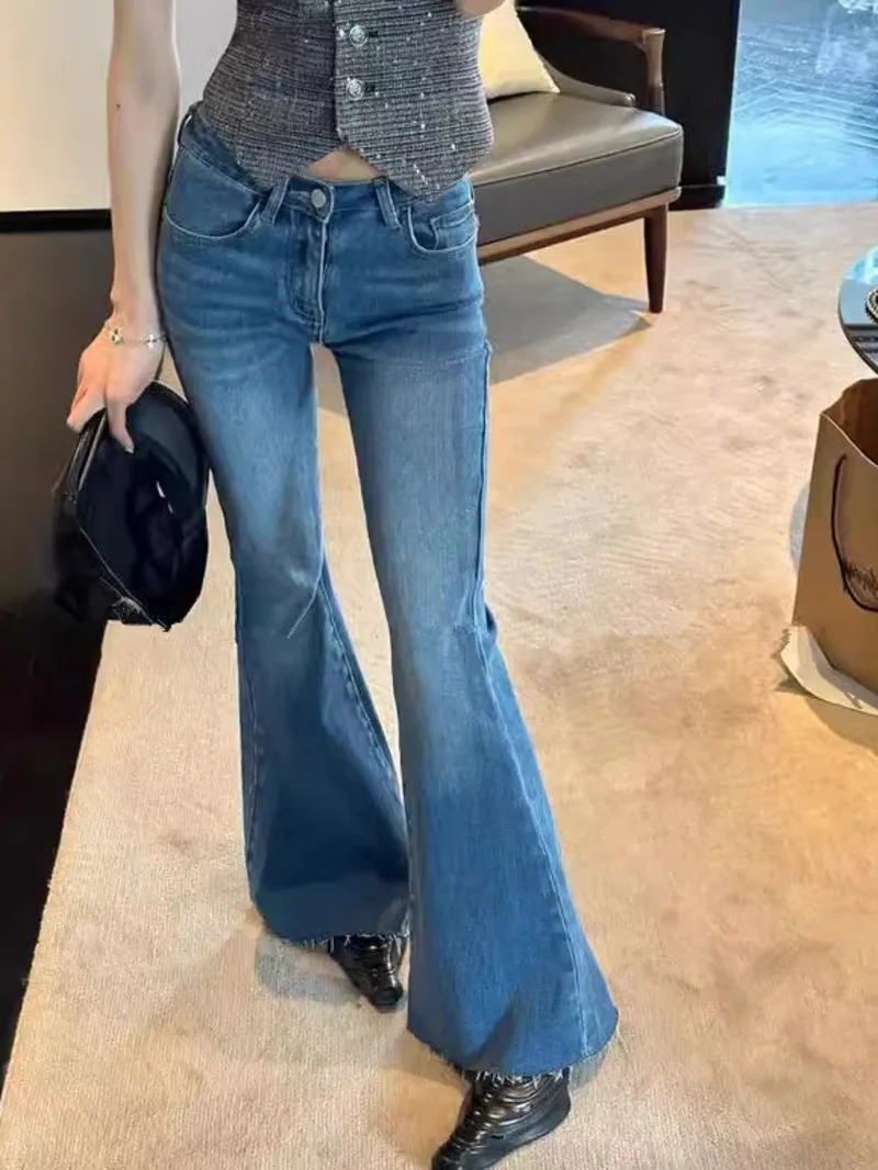 

2024 Summer Spicy Girl Low Waisted Lift Buttocks Slim Denim Pants Women Casual Versatile Retro Slightly Flared Pants UMJI