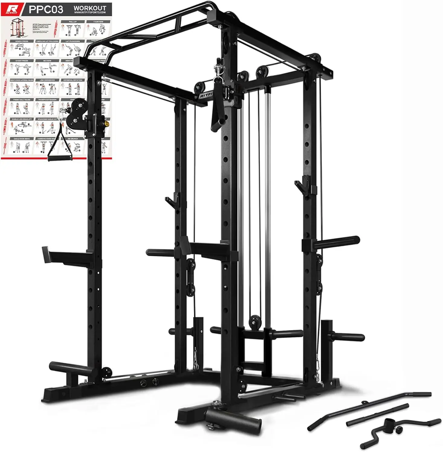 Multi-Function Squat Rack Power Cage PPC03 with Cable Crossover System, 1000LBS Capacity Power Rack and Packages with Opt