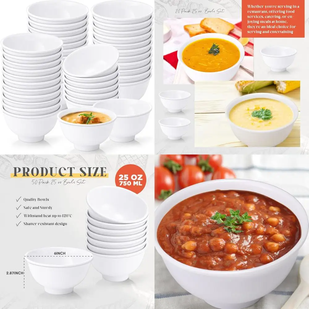 

50-Piece Unbreakable Bowl Set - Ideal for Soup, Salad, Pasta, and Cereal (10 oz, White)
