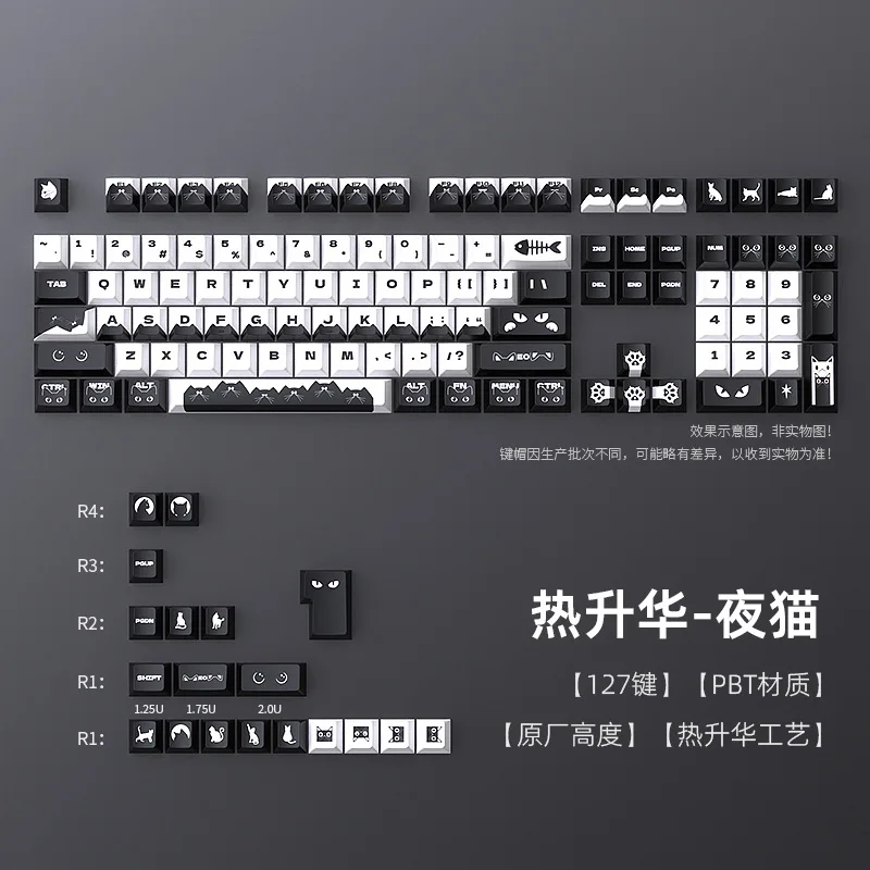 Spot cross-border side cat keycaps hot sublimation original mechanical keyboard PBT small full set of 126 customized keycaps