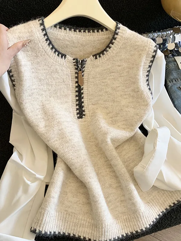 Large Size Soft Style Color Block Half Zipper Knitted Shirt Sleeve Women's Autumn Winter Fashion Overhead Sweater Casual Style