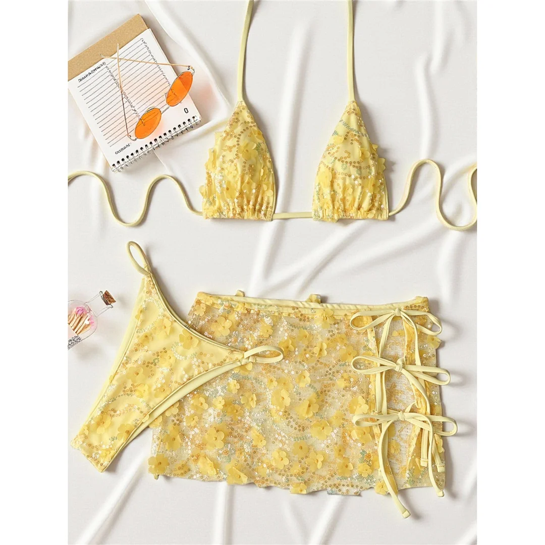 S - XL Dreiteiliges Bikini-Set mit Rock, Blumen, Pailletten, Damen-Bikini, Badeanzug, Badebekleidung, Badeanzug, Schwimmbekleidung V7864 – Detail 32