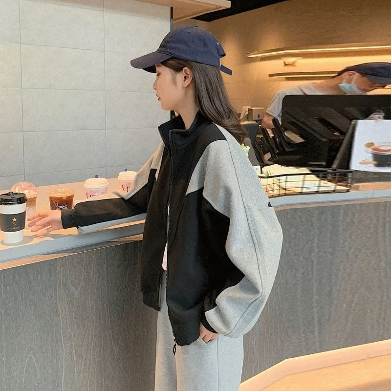 ​ 原宿系レディースベースボールジャケット 2025 ルーズカラーブロックフーディー 学生ジャケット コントラストデザイン トレンドストリートウェア