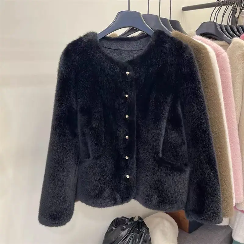 معطف فرو المنك المزيف من Ele ort مستدير Ne Thiened للخريف والشتاء للسيدات Faion Quali Top Ladies Premium ort Jaet #3