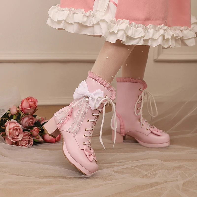 Women's Pink Lolita Lace-Up Chunky Heel Platform Boots with Bowknot Perfect for Girls Everyday Chic Cosplay Party Bootie