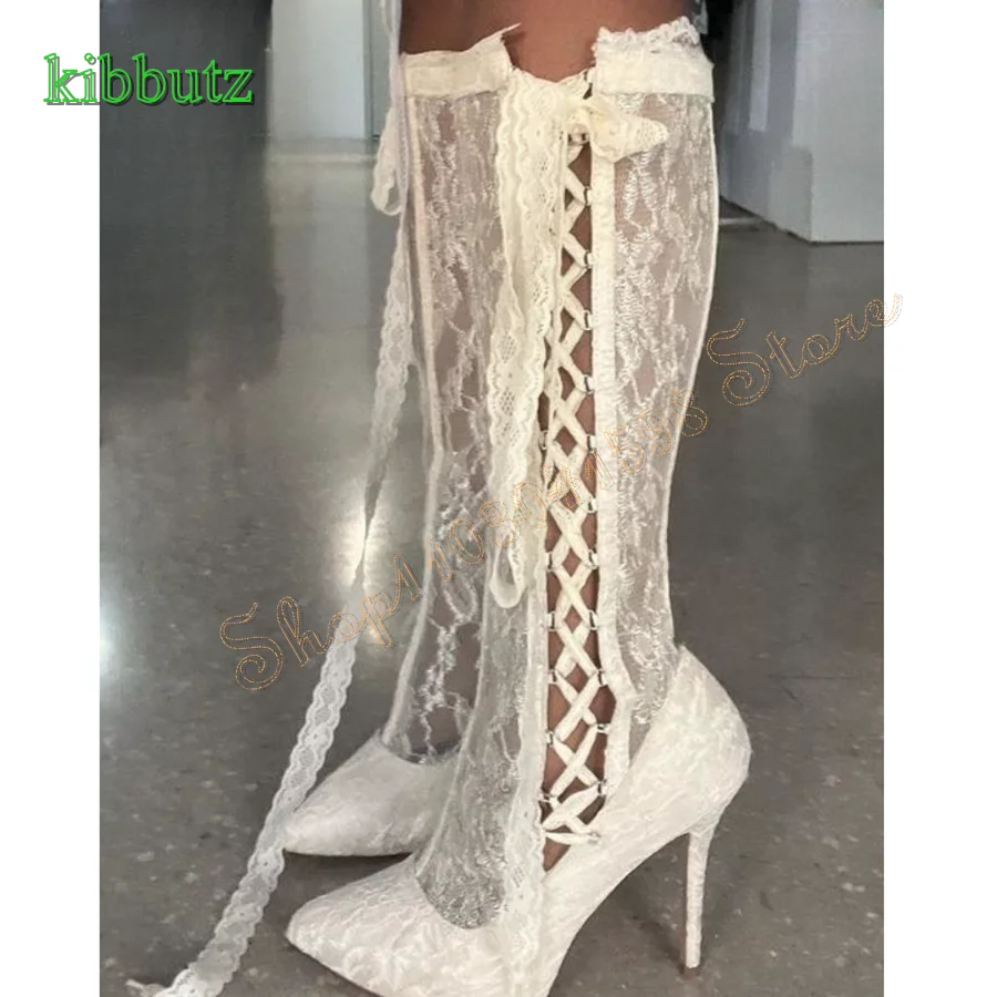 White Lace Strap Women Shoes Pointed Toe Stiletto Leather Pumps Wedding Party HIgh Heels Plus Size 2024 New Zapatos Para Mujere