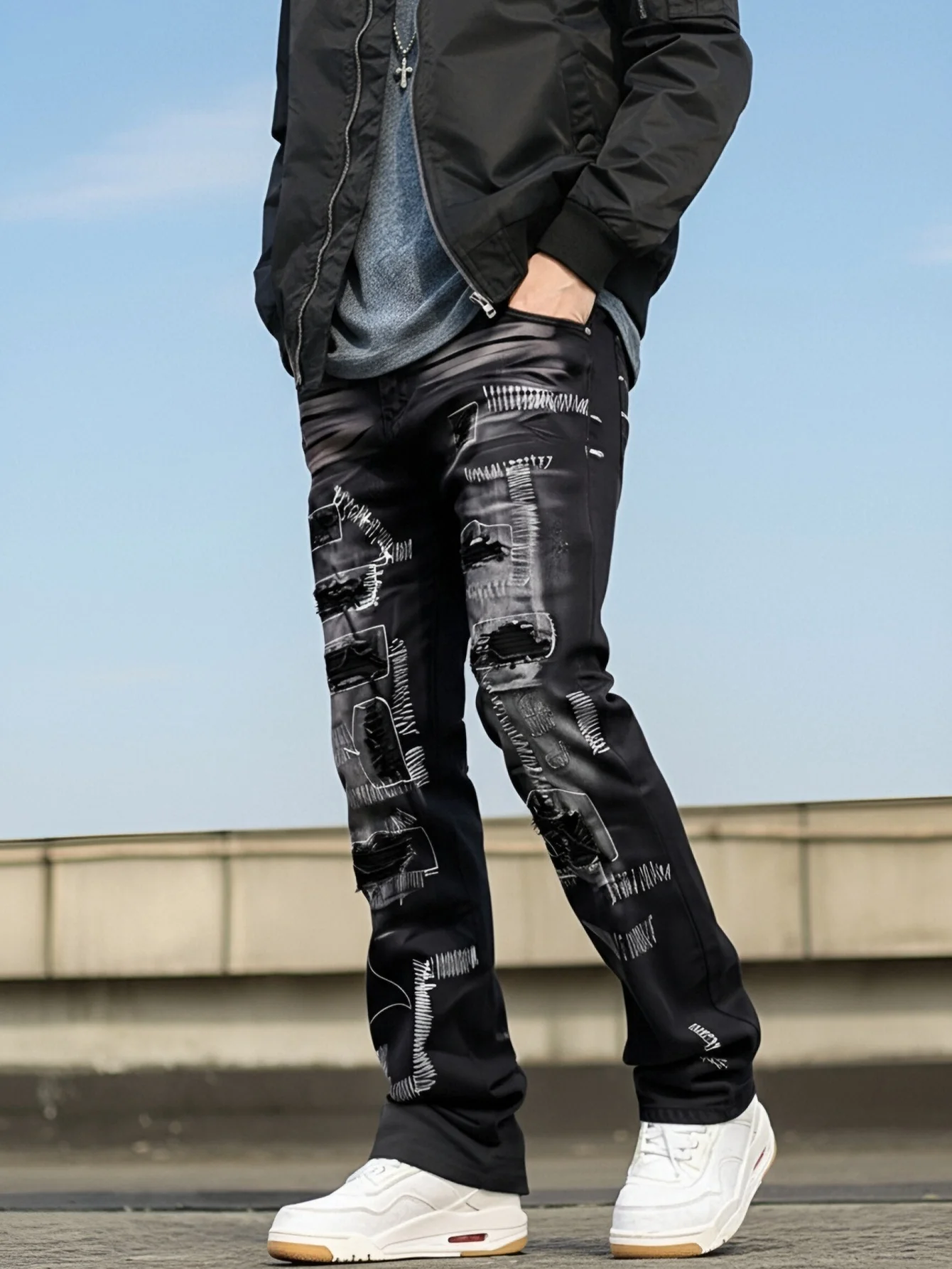 2025 Men's Slim Fit Denim with Patchwork Pattern   Vintage and Retro Style  Dark Gray and Black Color Free Shipping on Promotion