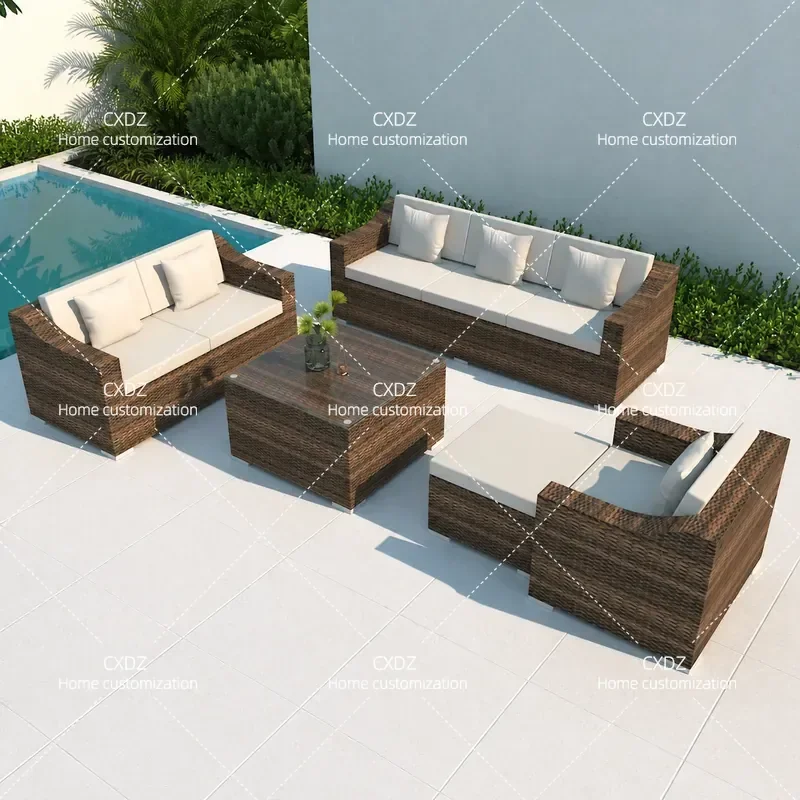 Outdoor Rattan Sofa Set Waterproof Sunscreen Patio Balcony Garden Furniture Open Air Leisure Chair Combination for Exterior