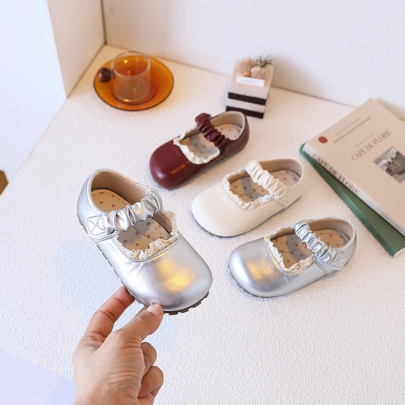 

Sweet Girls Lace Ballet Shoes 2026 New Causal Kids Elegant Leather Shoes Soft Non-slip Sole Children's Fashion Flat Shoes Simple