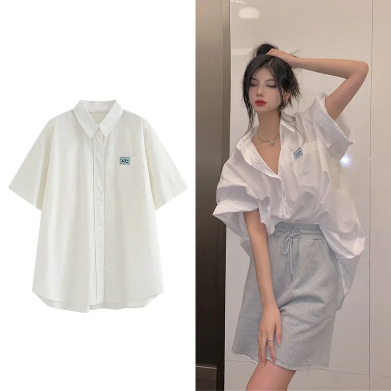 

Short Sleeve Shirts Womens Poplin Pleated Pintuck Slim Fit Officewear Minimalist Modern OL Lady Professional Artistic Elegant