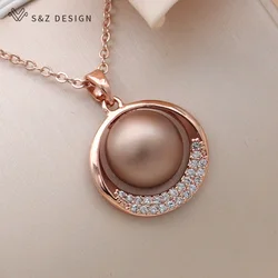 S&Z DESIGN New Fashion Round Simulated-pearl Pendant Necklace For Women Wedding 585 Rose Gold Color Cubic Zirconia Jewelry