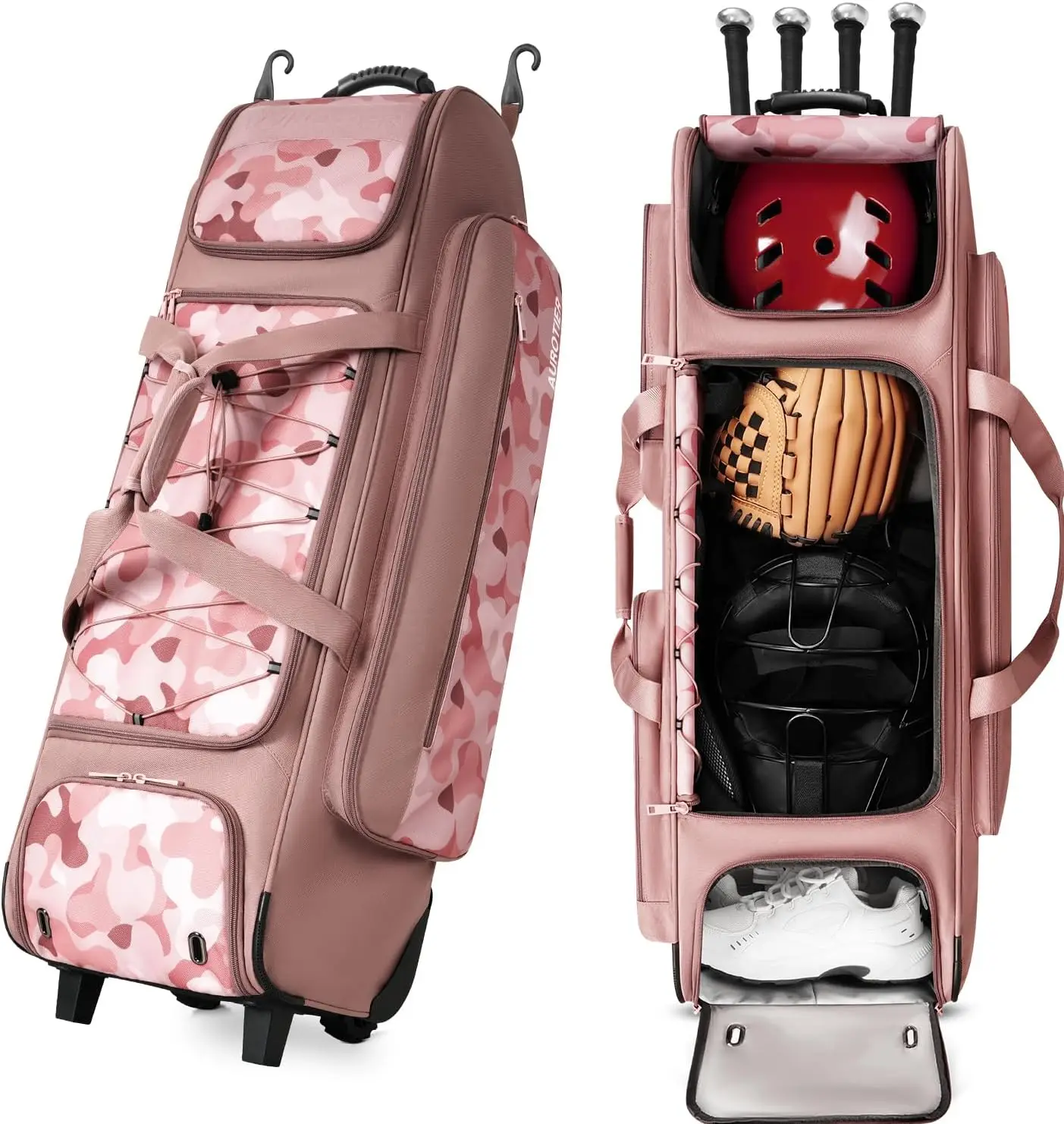 Wheeled Bat Storage Travel Gear Waterproof Pocket Shoe Section Fence Hooks Softball Catcher Duffle