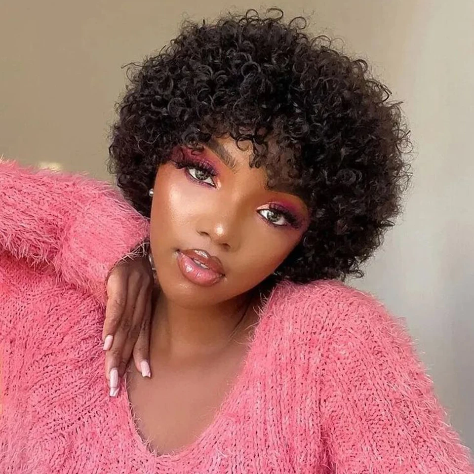 Sleek Short Afro Curly Bob Human Hair Wigs With Bangs For Women Brazilian Remy Hair Wear and Go Natural Brown Kinky Curly Wigs