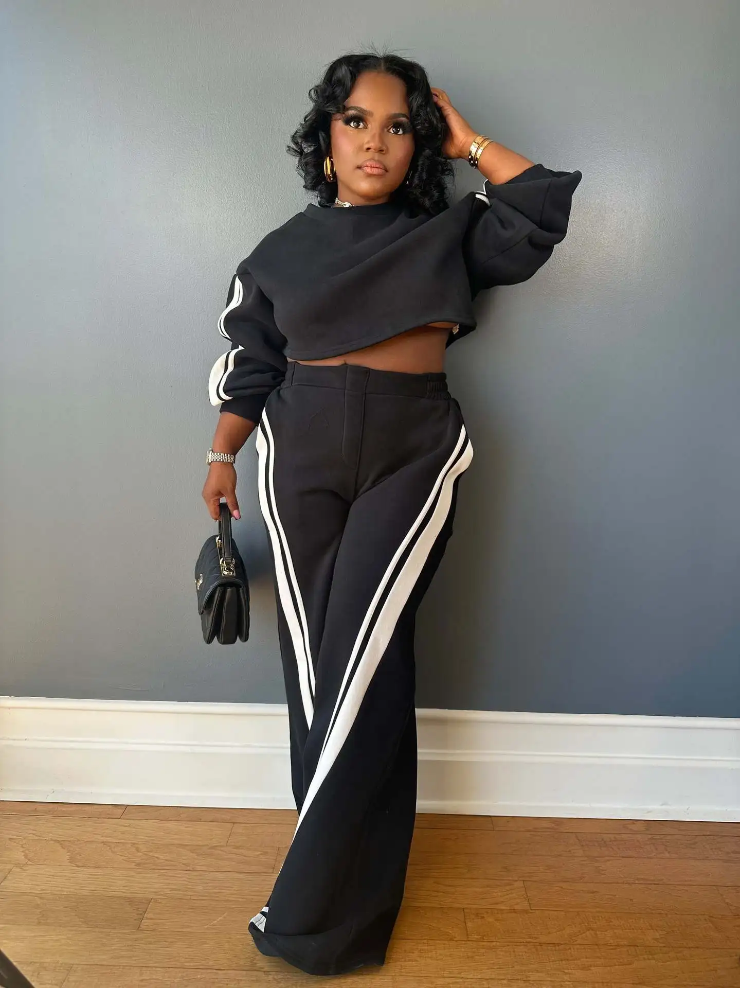 Women Set Autumn Winter Fashion Striped Long Sleeve Sweatshirt Top And Straight Pants Set Casual Two-Piece Set Jogger Tracksuit