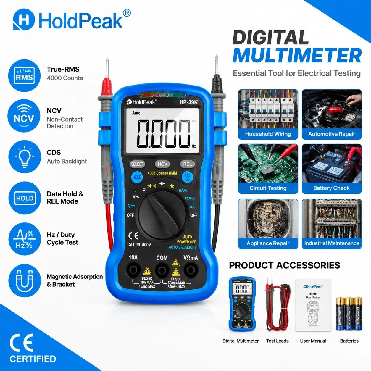 HoldPeak 39K Digital Multimeter 4000 Counts Auto Range AC/DC Voltage Current Capacitance Frequency NCV Backlight