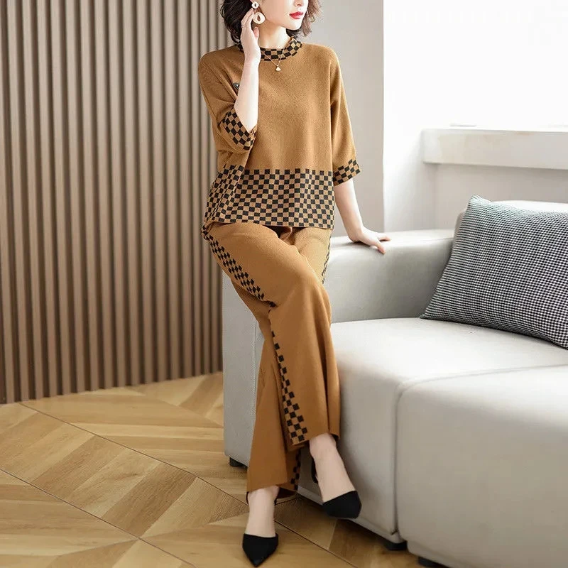 Middle-aged mother Fashion Suit 2024 Spring Autumn New Loose Plaid Patchwork Top+Wide leg pants Two-piece Women\'s Clothing Sets