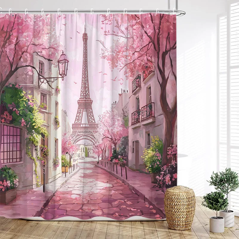 Vintage Paris Tower Shower Curtains Pink Butterfly Balloon Love Heart Floral Valentine's Day Bathroom Curtain Decor with Hooks