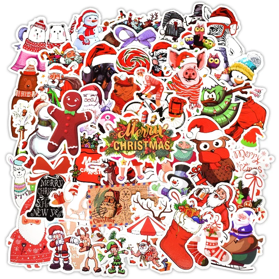 50 PCS Merry Christmas Stickers Gifts for Kids Santa Claus Decal Xmas Tree Cute Sticker Decor Scrapbook Laptop Skateboard Guitar