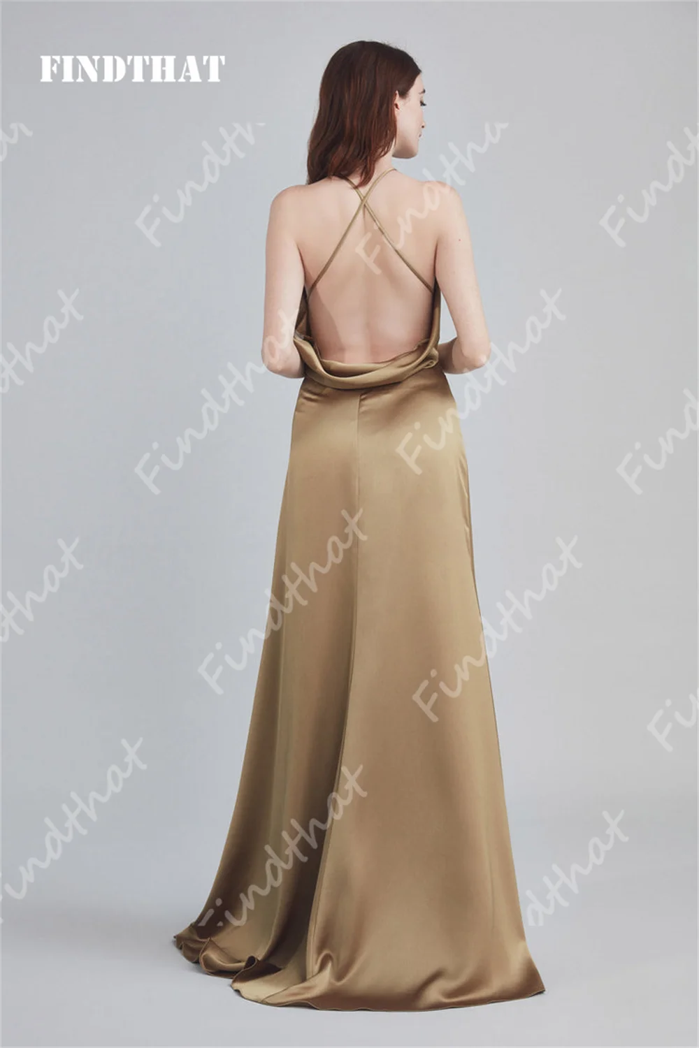 Findthat Halter Bridesmaid Dress Sleeveless Silk Satin A-Line Simple Evening Gown Cross Backless Wedding Guest Dresses for Women