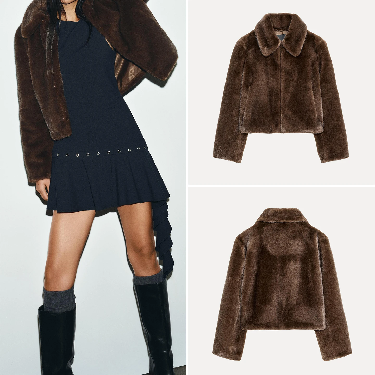

Faionable Artificial Fur Effect ort Coat for Women with Rope Knot Bule Autumn New Arrival Z Stand Fit Ladies Ja...