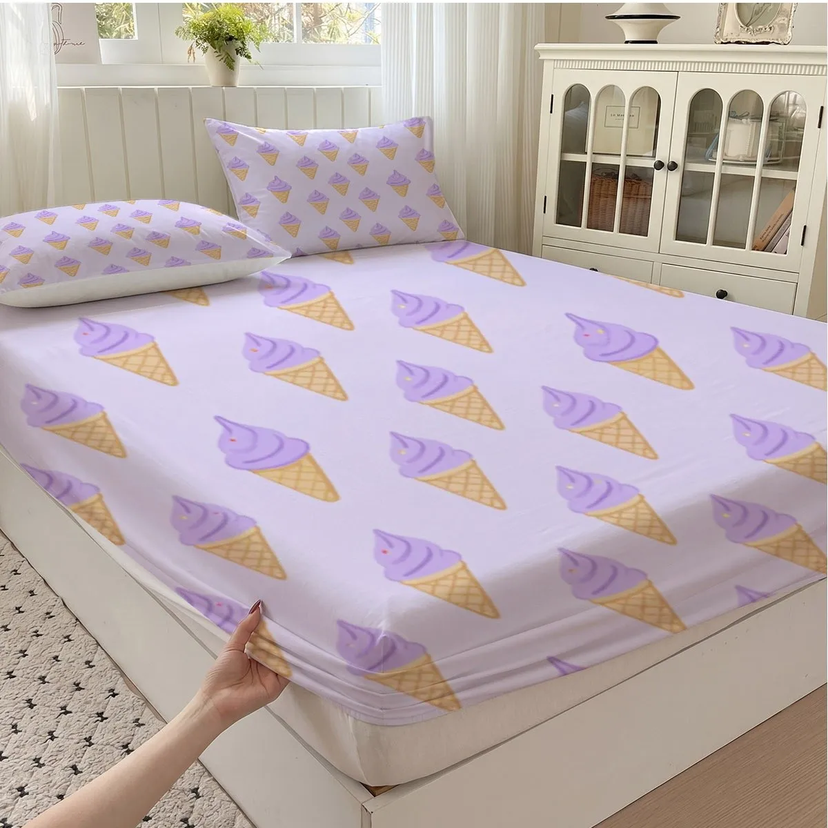 Fun Ice Cream Cone Print Bedding Set 2D Digital Print Three-Piece Bedding Set (Includes 1 Fitted Sheet + 2 Pillowcases) 3-Piece Set, Large Deep Pocket 2D Printed Fitted Sheet and 2 Pillowcases, Mattress Protector, Fitted Sheet Style, Elastic Cover, Mattress Protector, Machine Washable Design, Holiday Decoration, Various Sizes, Breathable Protector Plus Pillowcase