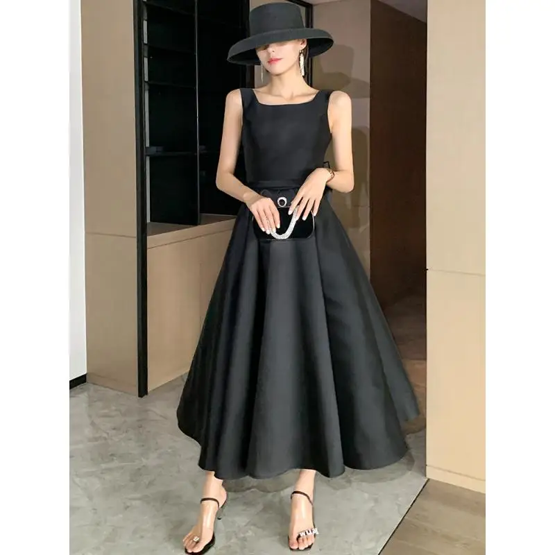 Satin Evening Gown With Square Neckline Socialite Style Backless U-shaped Bow Adult Princess Dress Toast Dress Customized