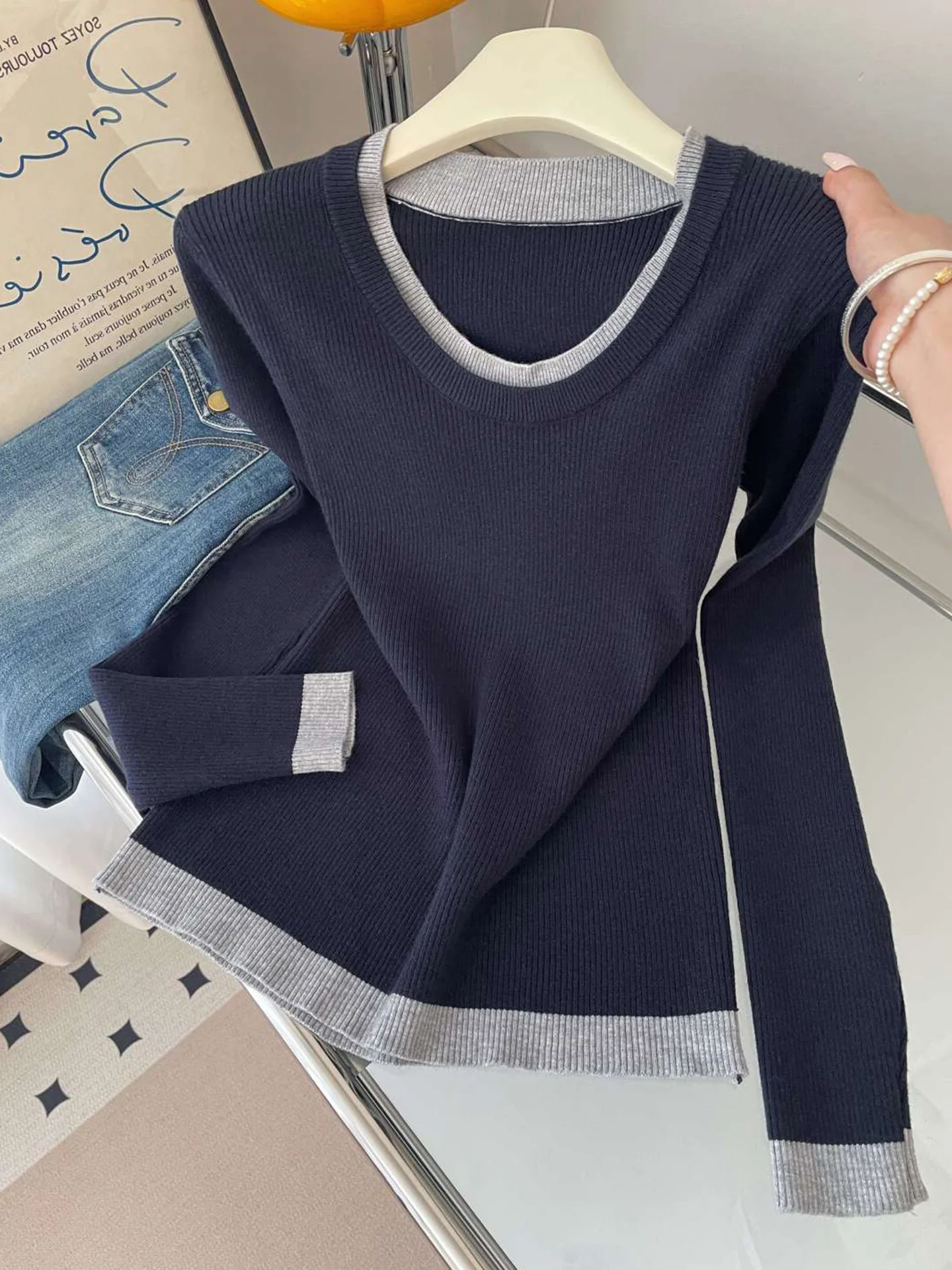 

Color Blo Knitted Long Sve Base irt Корейский топ Lazy Feeling для похудения Зимний сезон Уникальный дизайн Простой Sle