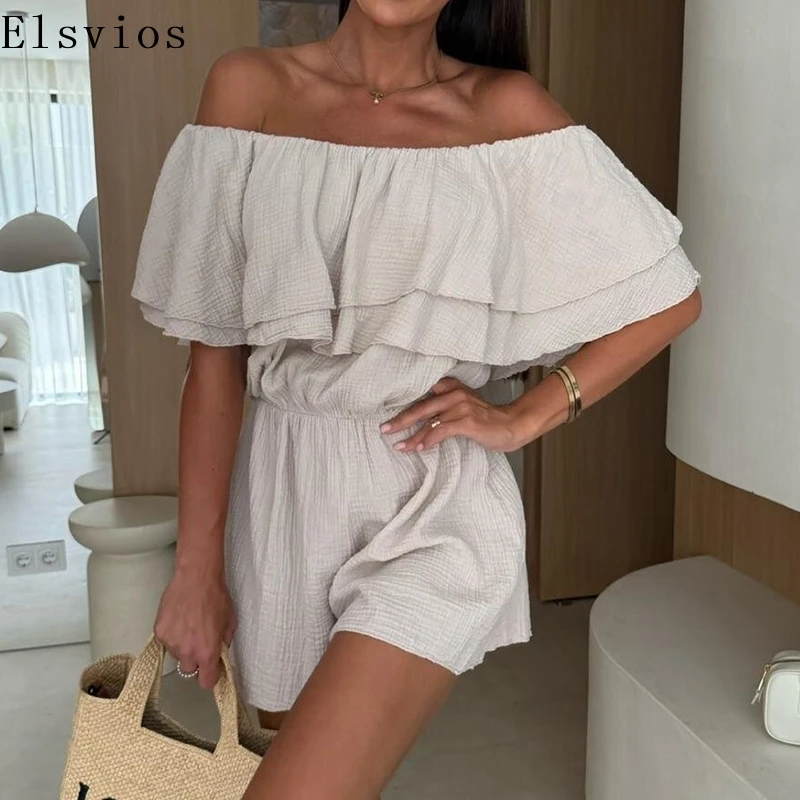 

Summer Fashion Hight Waist Draped Playsuit Sexy One Shoulder Short Sleeve Romper Women Elegant Ruffle Solid Color Short Jumpsuit