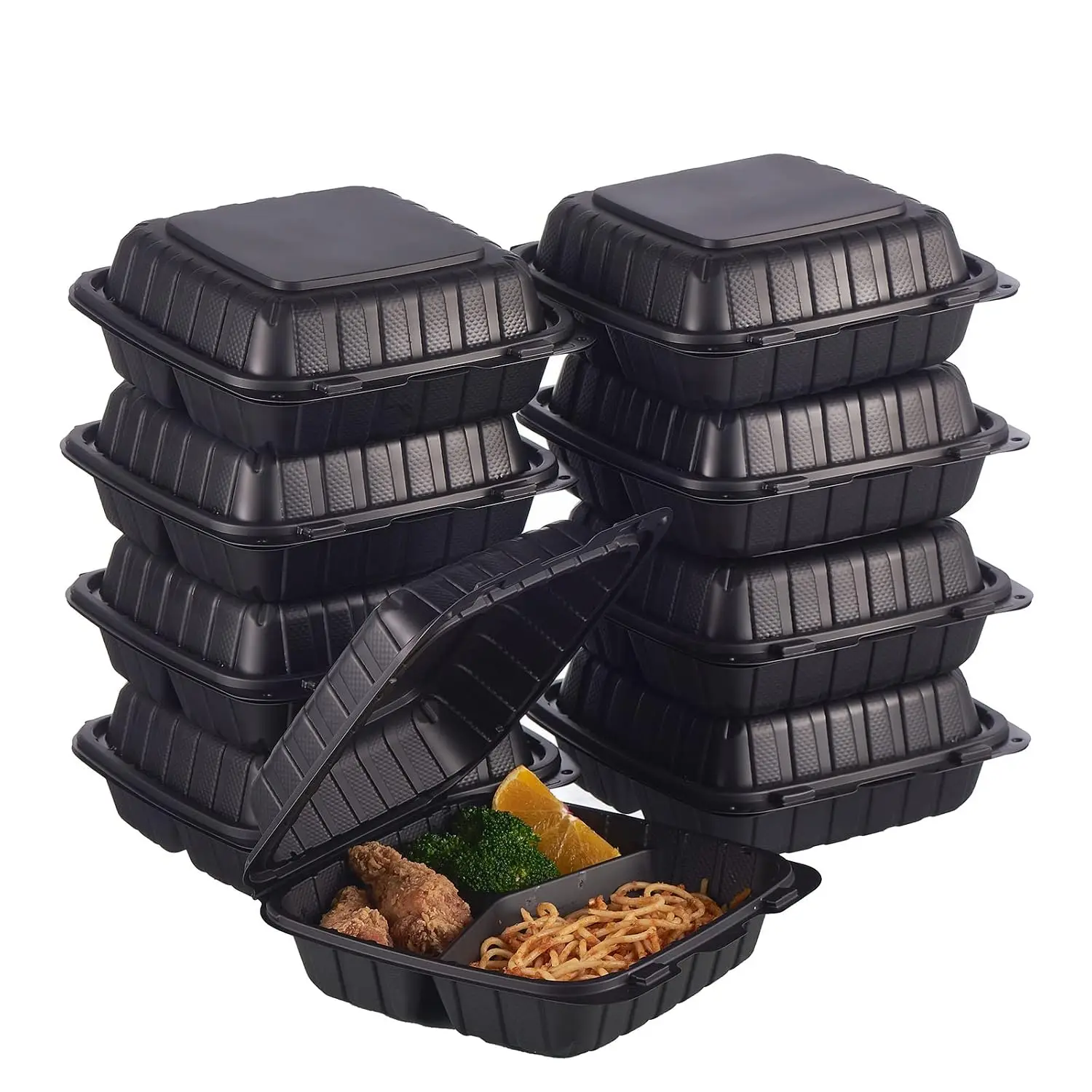 8x8 3-Compartment 50-Pack Plastic Clamshell To-Go Food Trays, Durable Disposable Containers for Salad, Pasta, Catering, with Secure Snap Lid