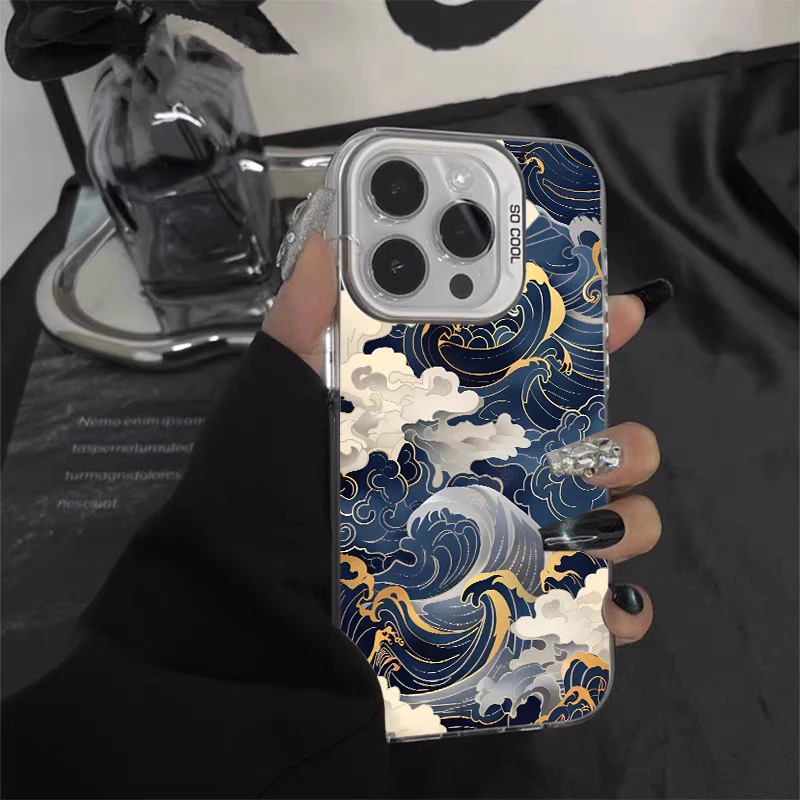 Ukiyo-e Creative Ocean Waves Plating Matte Case for iPhone 16 15 14 13 12 11 Pro Max XS X XR 8 7 Plus SE 2020 Shockproof Capa