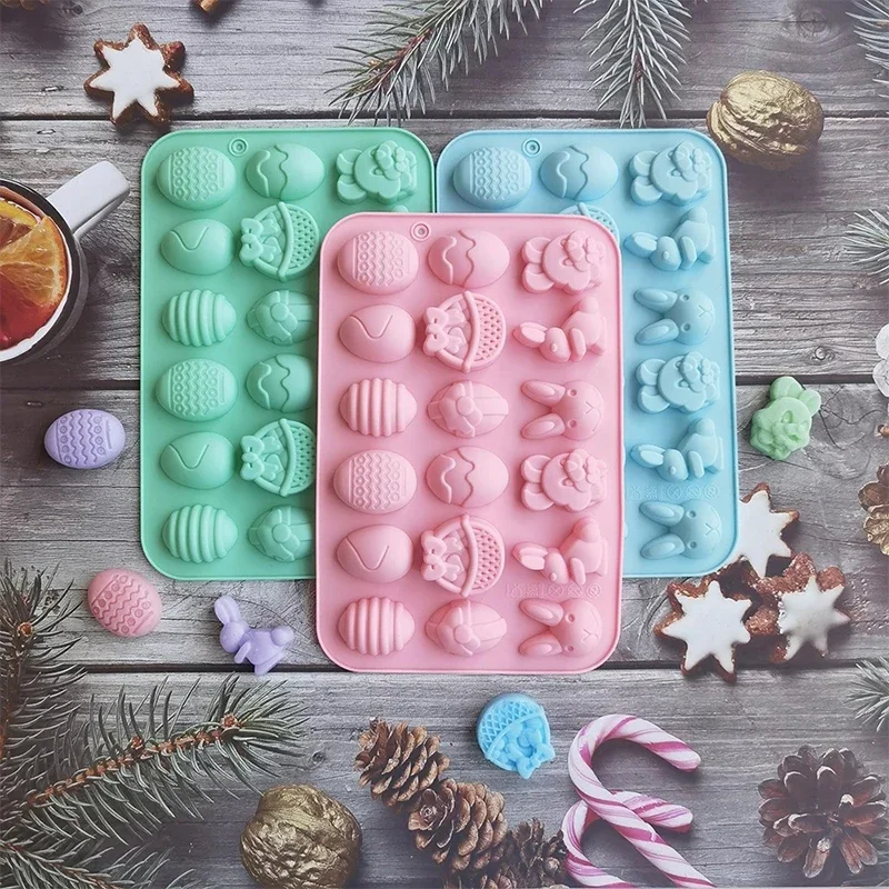 1Pc 18 Cavity Easter Silicone Mold Rabbit Colored Egg Chocolate Cake Mold Holiday Decoration Baking Tools Manual Soap Mould