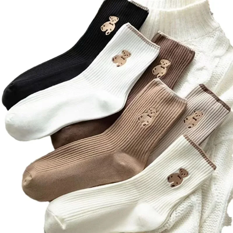 5pairs Cartoon Bear Socks Soft Cotton Socks Autumn Coffee Stockings Kawaii Women Socks Korean Casual Stockings Women Hosiery