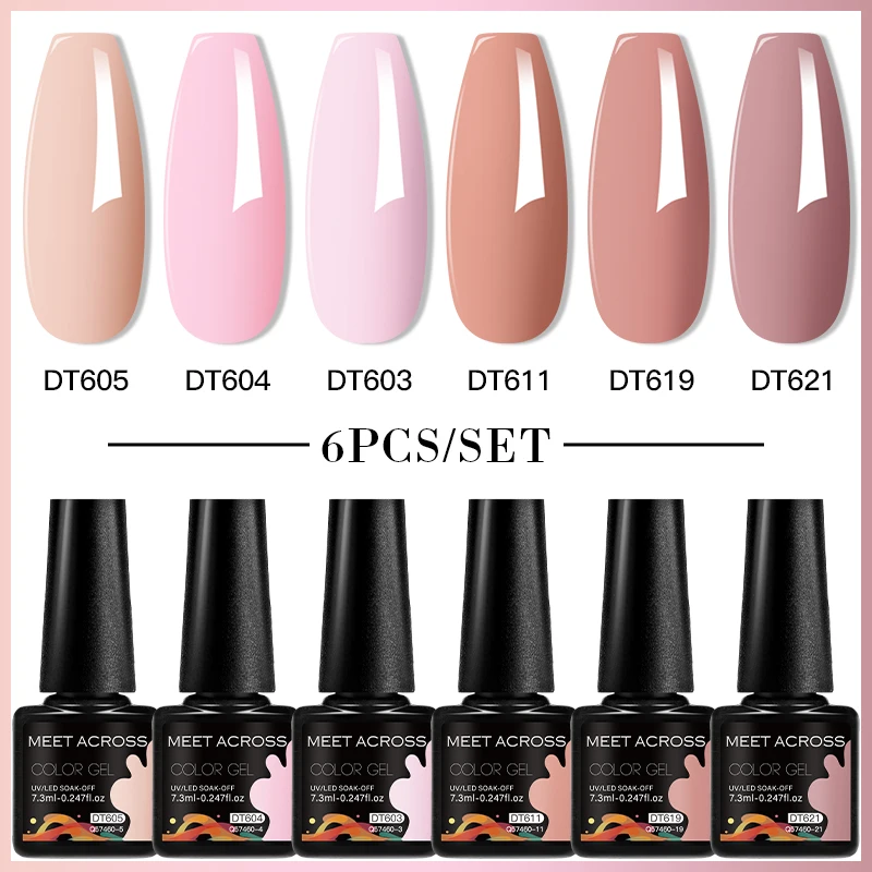 MEET ACROSS 6Pcs/Set 7.3ml Macaron Nude Nail Gel Polish Semi Permanent Nail Supplies Gel Vernis Kit for Spring Nails DIY Design