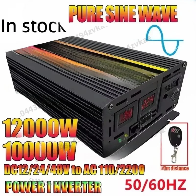 DC12/24V to 220V Converter Car Home Outdoor,10000W Pure Sine Wave Power Inverter Voltage Transformer Intelligent Digital Display