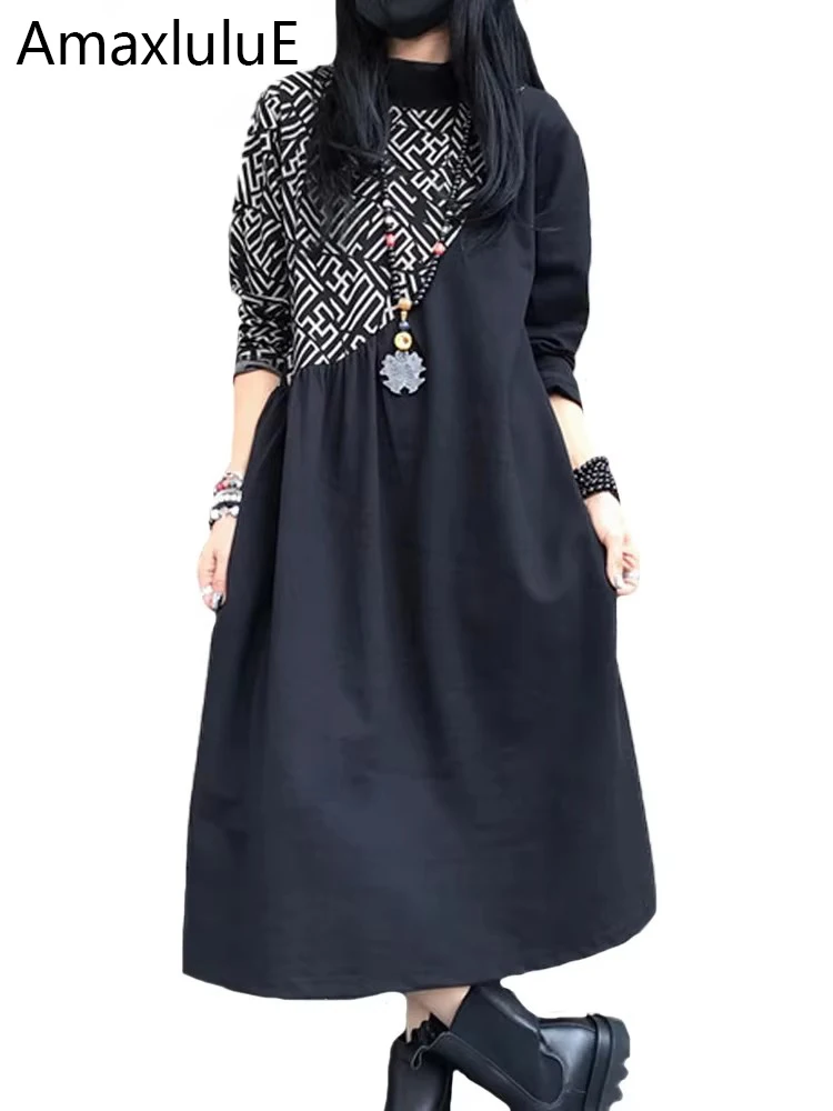 Amax luluE Spring Womens Fashion Loose Printed Turtleneck Dresses Females Vintage Leisure Vestidos Ladies Elegant Long Clothes