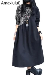 Amax luluE Spring Womens Fashion Loose Printed Turtleneck Dresses Females Vintage Leisure Vestidos Ladies Elegant Long Clothes