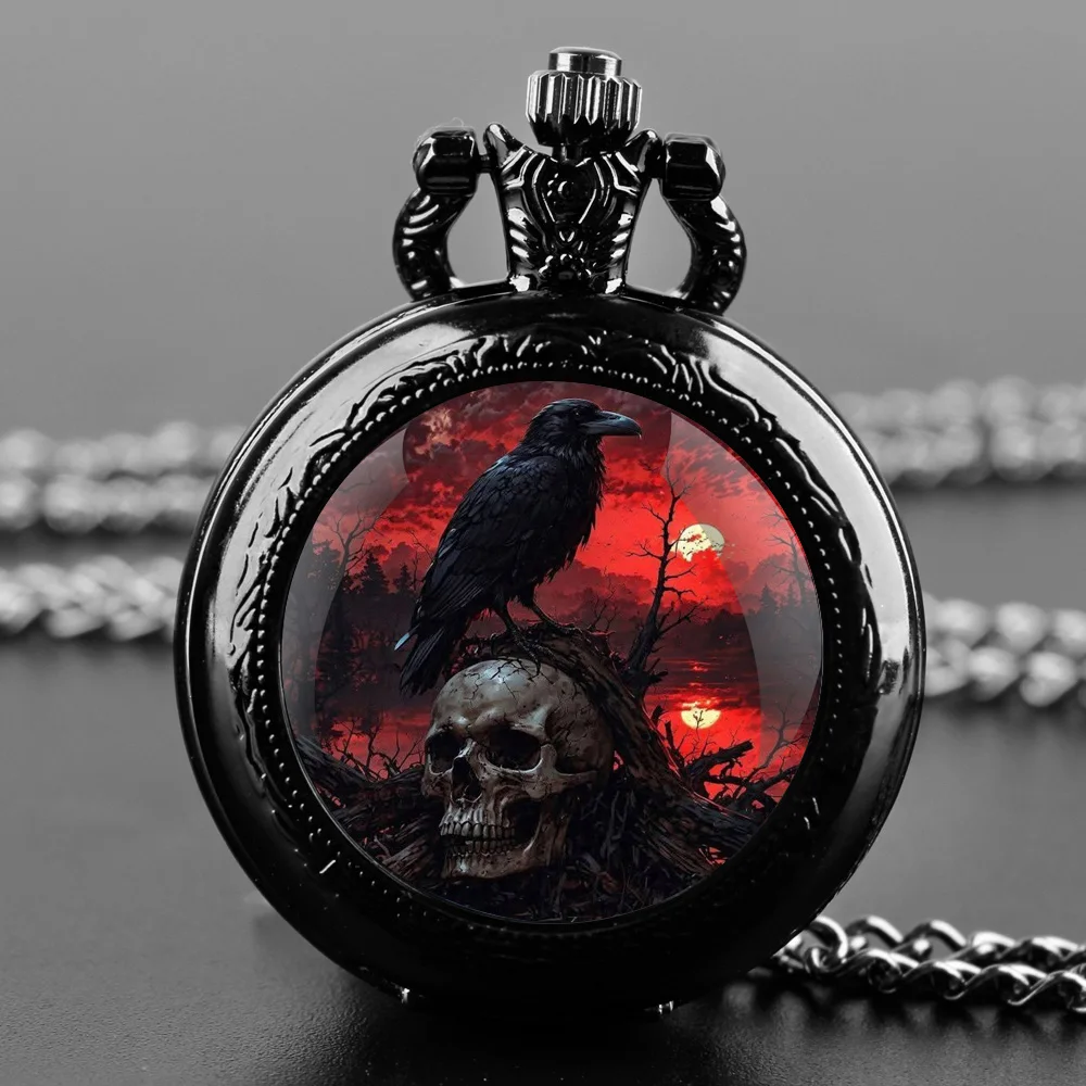 القمر الجمجمة الغراب نمط زجاج قبة وعاء من الستانليس ستيل الأسود ساعة جيب كوارتز قلادة النساء الرجال دلاية مجوهرات سلسلة الأطفال