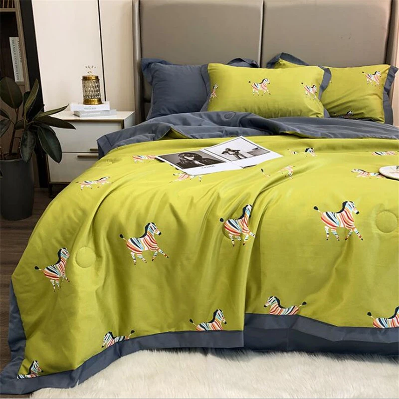4 pcs Printed Satin Quilt Pillowcase Solid Color Bed Sheet Air Conditioner Polyester Quilt Full Queen Size