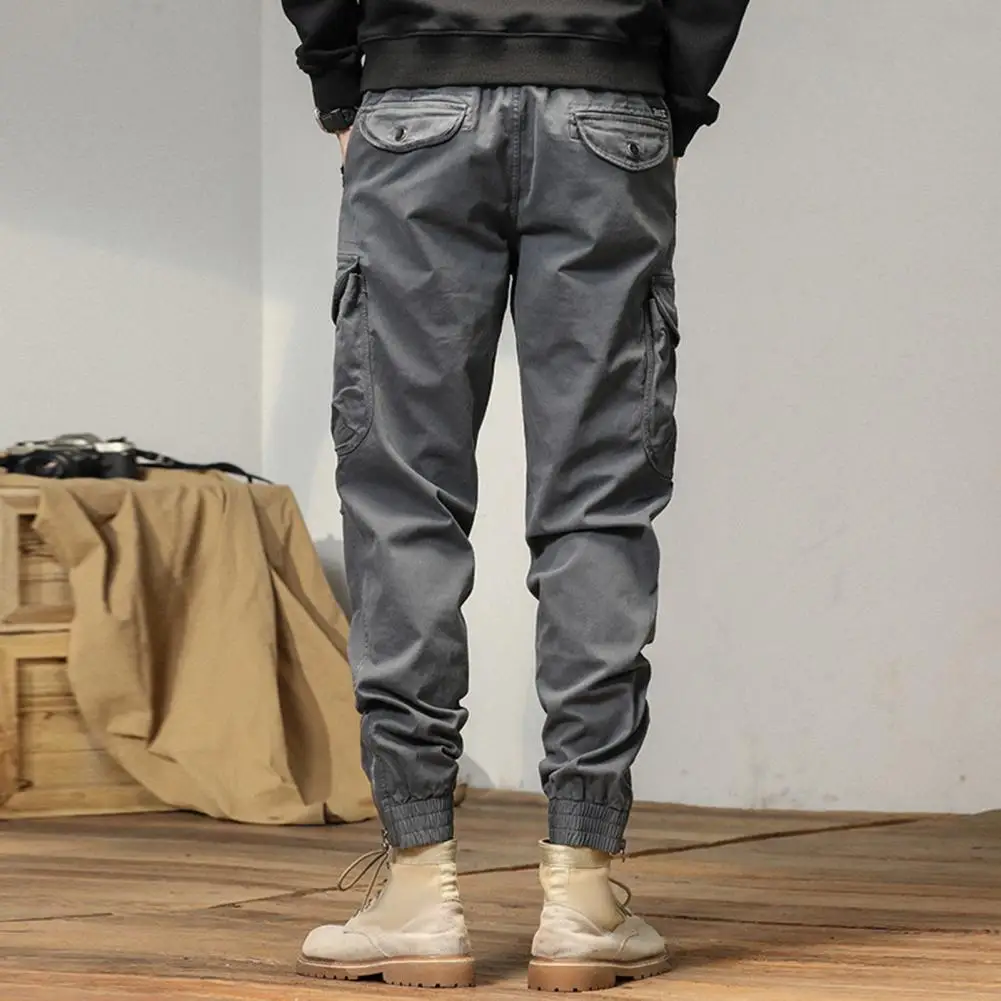 

Solid Color Casual Pants Men's Drawstring Cargo Pants with Elastic Waist Multiple Pockets Ankle-banded Design for Streetwear