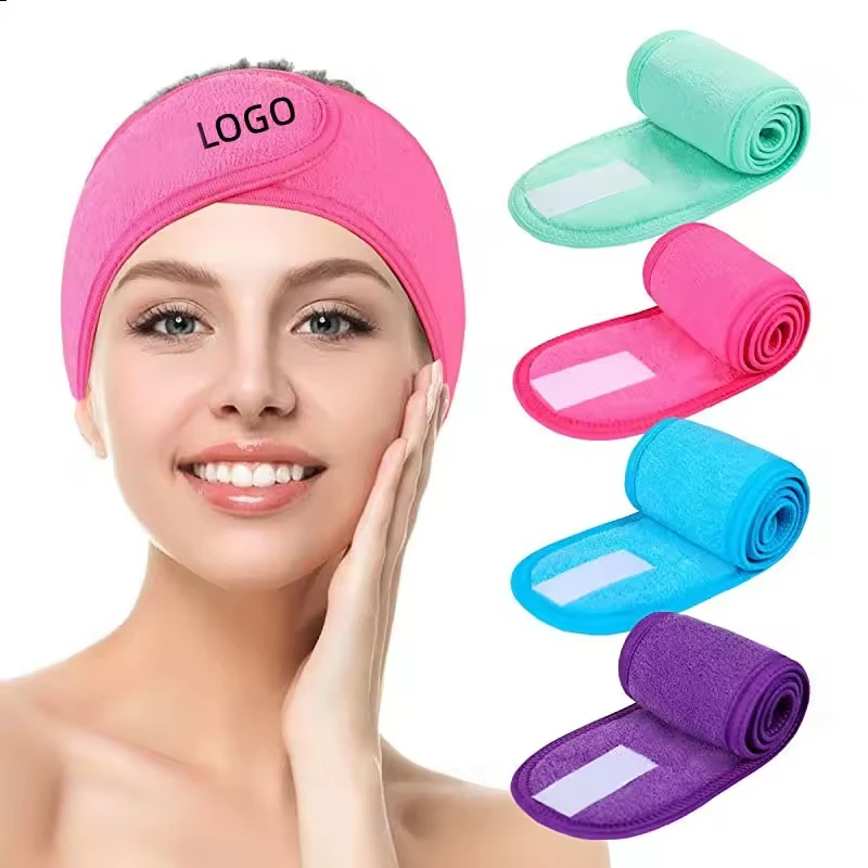

50pcs Custom Logo Adjustable Stretch Yoga Make up Wrap Embroidered Headbands Face Wash Hairband Terry Spa Headband for Women