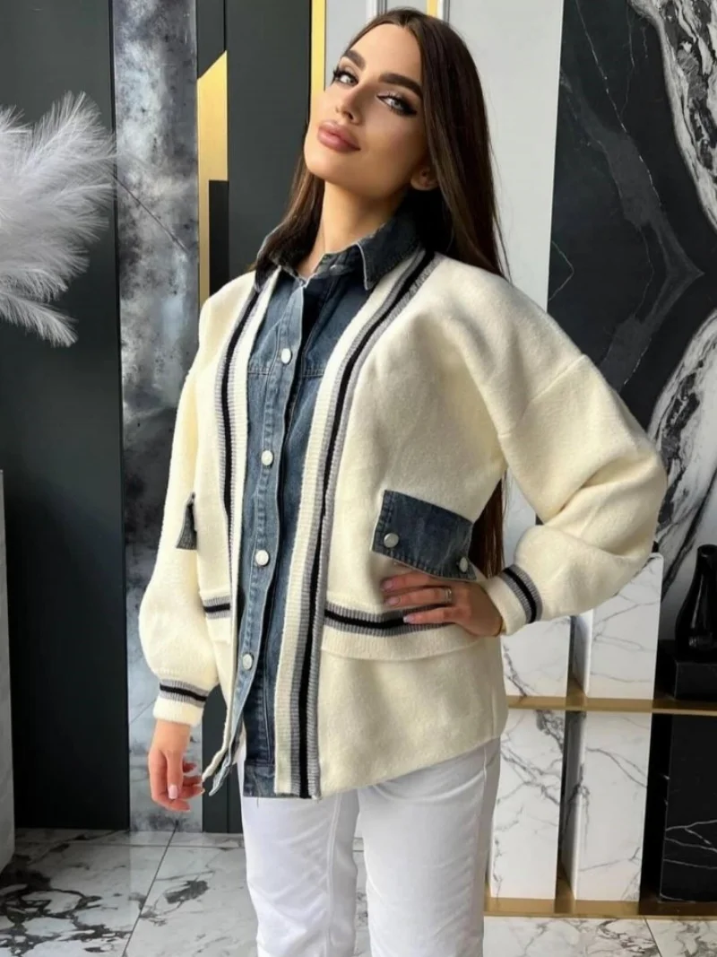 

Streetwear Denim Patchwork Knitted Sweater Autumn Clothing Women Long Sleeve Single Breasted Jacket Coat Casual Sweater Cardigan