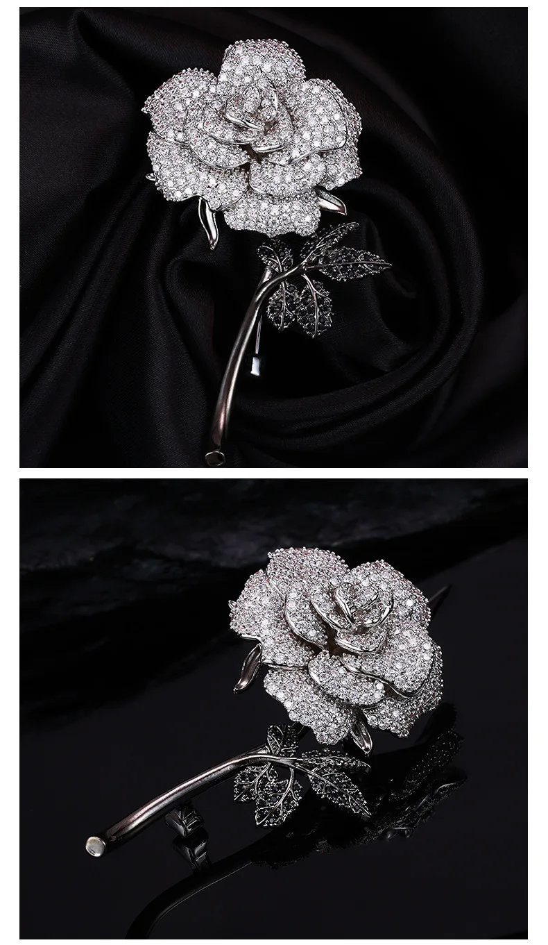 Retro Elegant Clear Zircon Rose Brooch Pin Fashion Female Flower Broach Women Dress Jewelry Accessories  LYM370