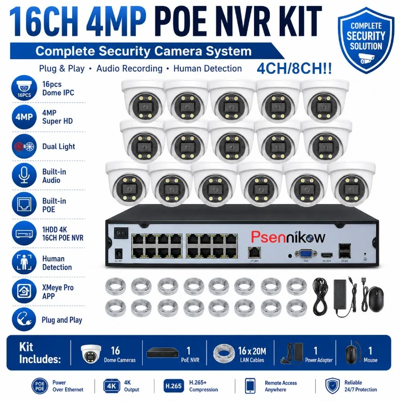 Psennikow 16CH 8CH 4CH POE NVR Kit Video Recorder Audio IP Dome Camera CCTV System Network Face Detect Video Surveillance Camera
