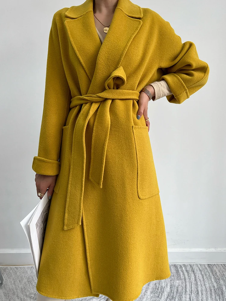 LANMREM Women Wool Coats Lapel Long Solid Color Belt Woolen Coats High Street Female Luxury Clothing 2023 Winter New 2DA1901