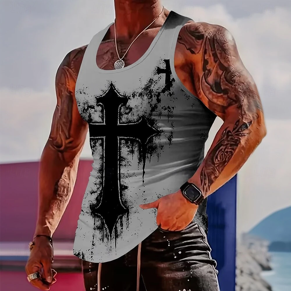 Funny 3D Cross Pattern Men's Tank Top Summer Quick Dry Breathable Loose Vest Casual Sleeveless Shirt Fashion Gym Sports T-Shirts