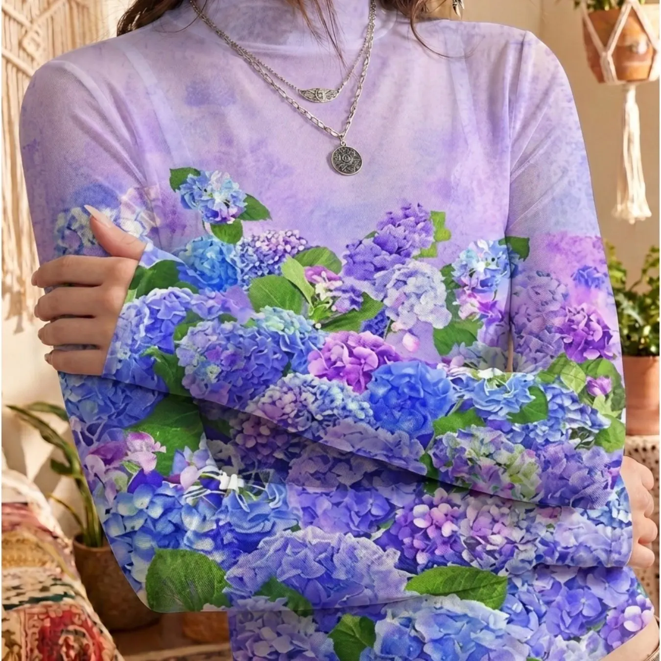 Hydrangea Floral Print Sheer Mesh Top Women Light Purple Mock Neck Long Sleeve Blouse Elegant Casual Layering Shirt Spring Wear