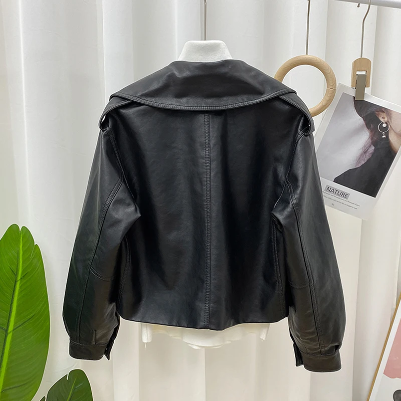 FMFSSOM 2024 Spring Women Short Faux Leather Jacket Single Button Black Moto Biker Windproof Coat Warm Turn Down Collar Outwear