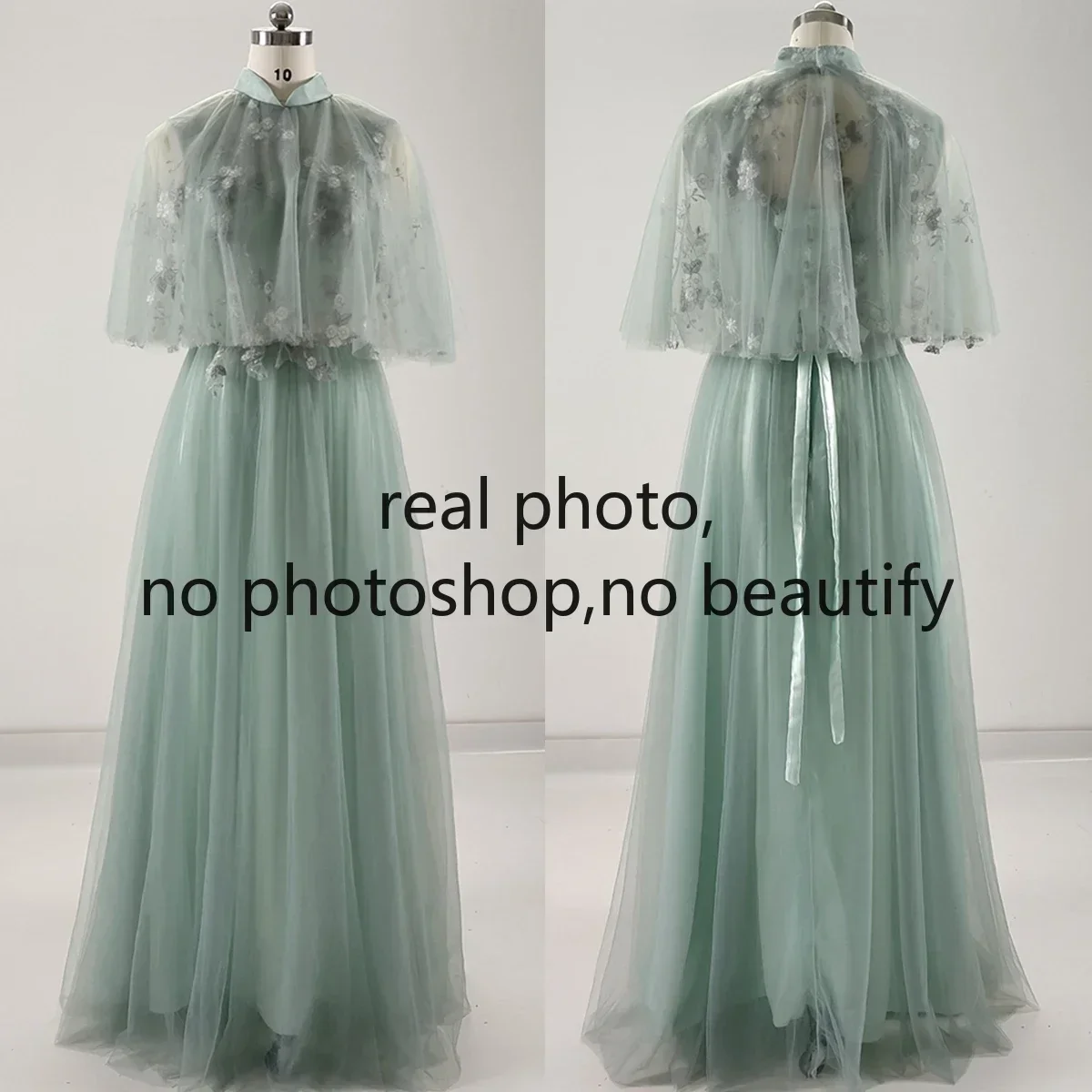 

Real Photo Evening Dress Green Tulle High Collar Shawl Lace up A-line Floor Length Plus size Simple Women Party Formal Gown