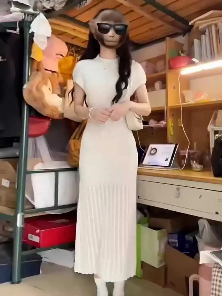 T-shirt tricoté blanc Dr minceur enveloppant autour de la jupe longue coréenne Sle taille haute mélange de Polyester ort Sve été Dr