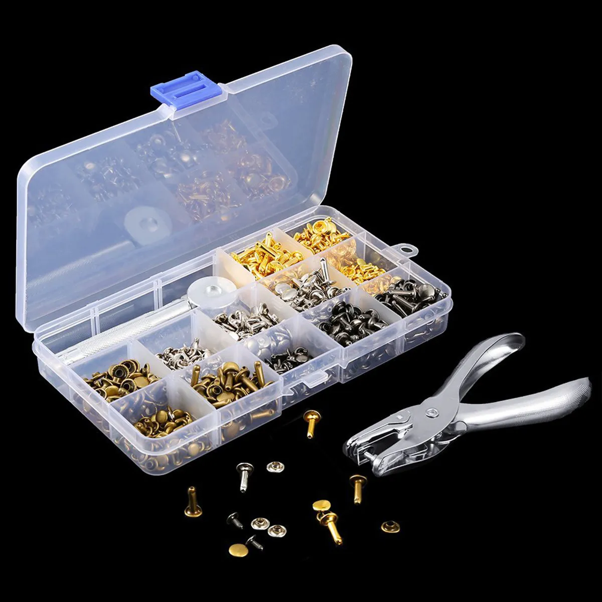 

360 Sets 6Mm 8Mm Rivets Double Sided Rivet Kit Tools Storage Box 4 Colors 3 Sizes Punching Forceps Craft Repair Handmade